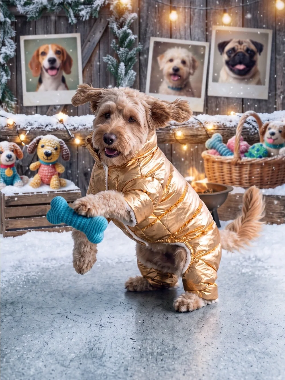 Metallic Gold Puffer Dog Coat with Full-Body Coverage. Size M